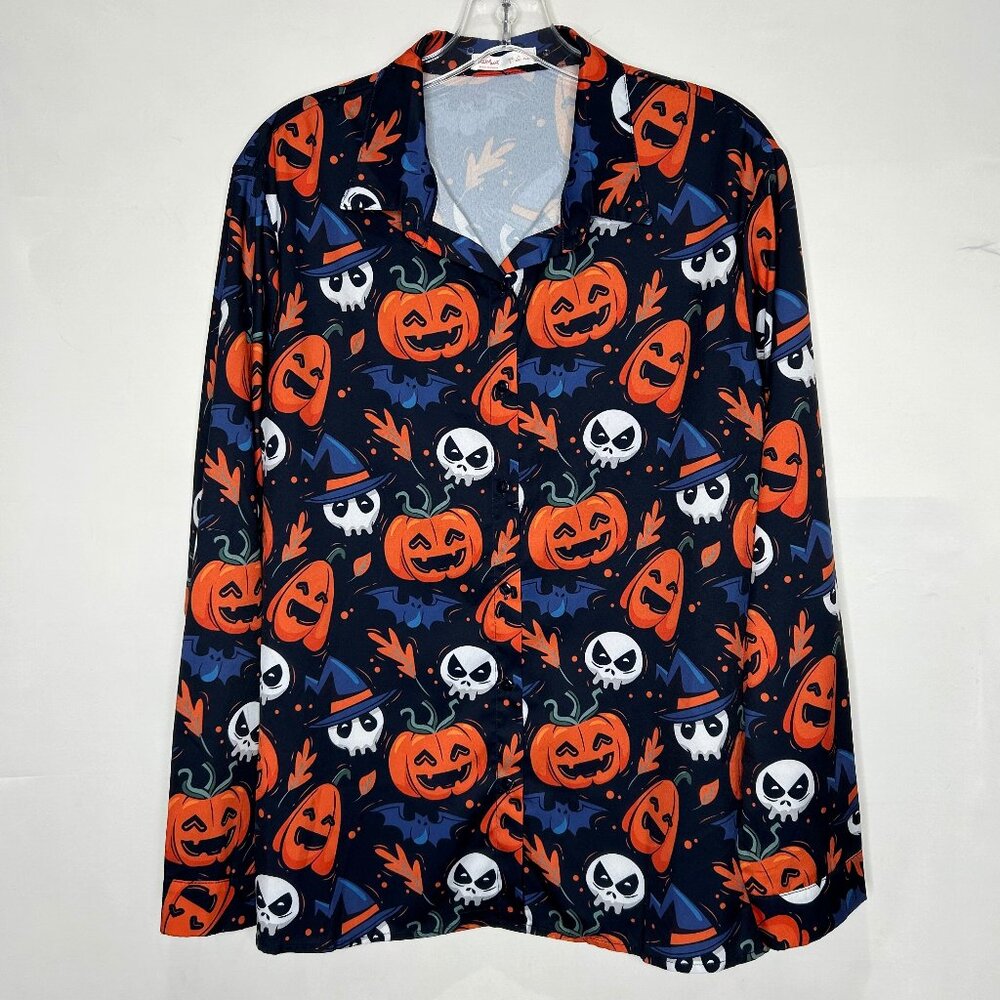Rumwe Woman’s Blouse sz Lg Halloween Pumpkins & Skulls Black Orange White Top